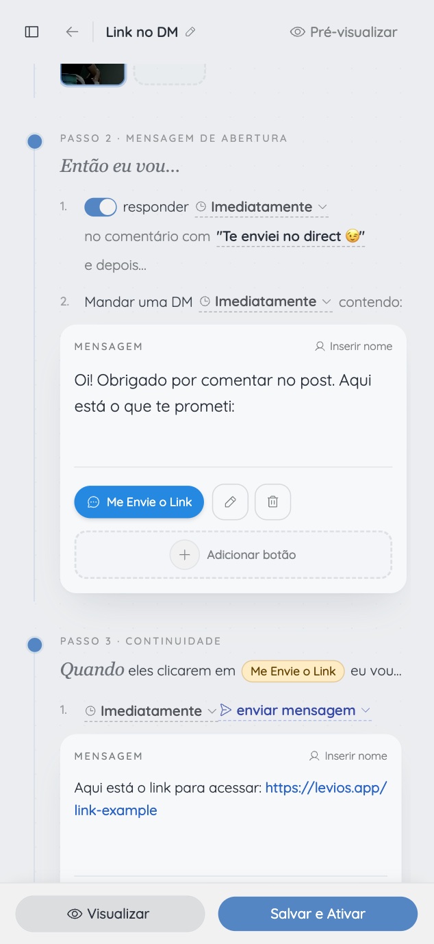 Configuração da mensagem de abertura e continuidade no builder da levios