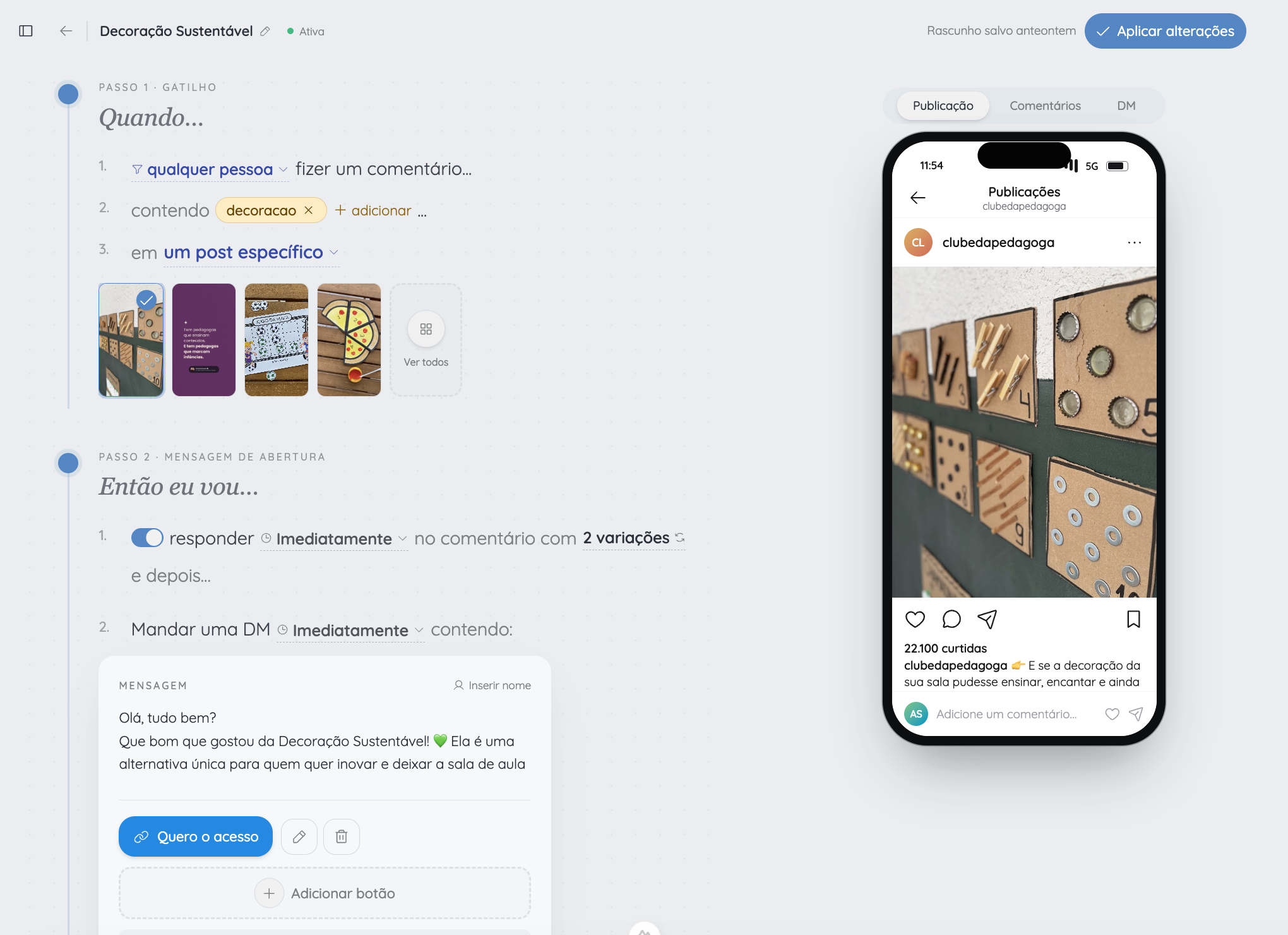 Builder da levios com automação por frase, galeria de posts e preview de celular ao lado